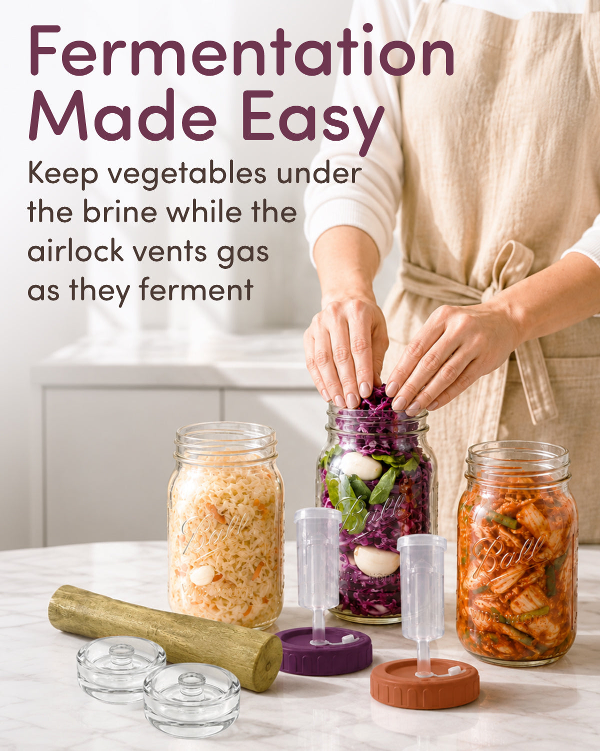 Elementi Mason Jar Fermentation Kit - Easy to Use Sauerkraut, Kimchi & Pickling Kit - Airlocks for Fermenting Jar - 4 Wide Mouth Fermentation Lids, 4 Glass Fermenting Weights & Wooden Tamper