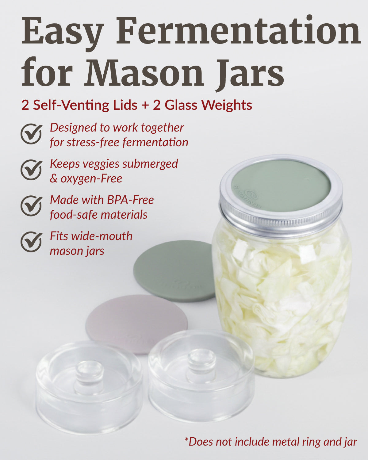 Elementi Fermentation Kit - Set of 2 Silicone Fermenting Lids & Wide Mouth Fermentation Weights