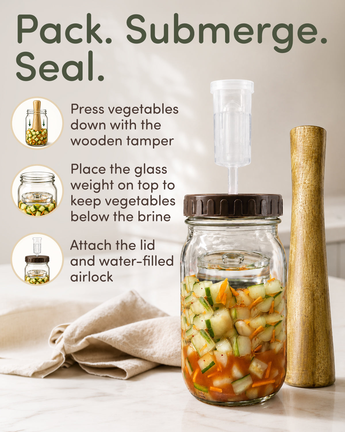 Elementi Mason Jar Fermentation Kit - Easy to Use Sauerkraut, Kimchi & Pickling Kit - Airlocks for Fermenting Jar - 4 Wide Mouth Fermentation Lids, 4 Glass Fermenting Weights & Wooden Tamper