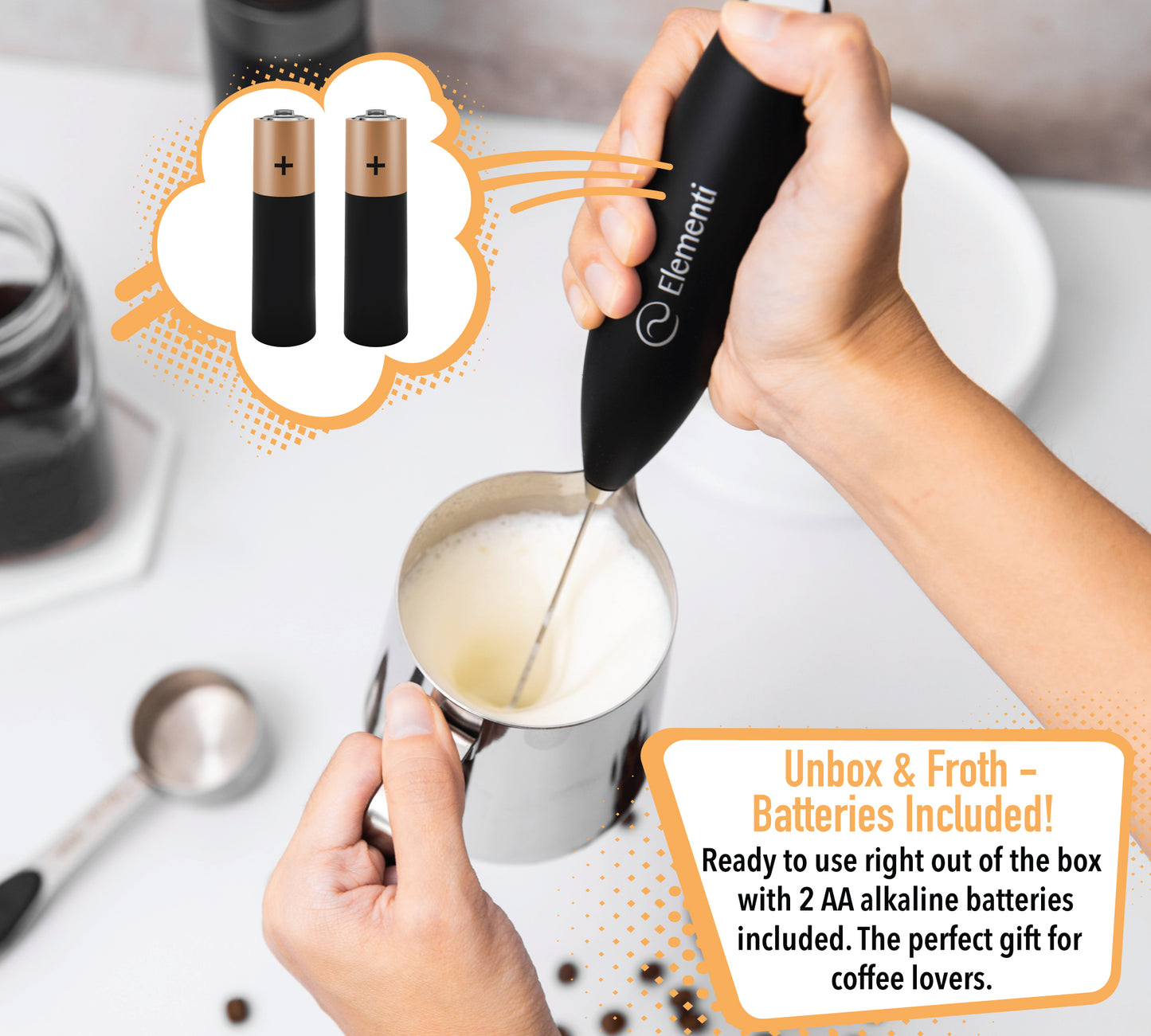 Elementi Milk Frother Wand with Double Whisk (Batteries Included) Black