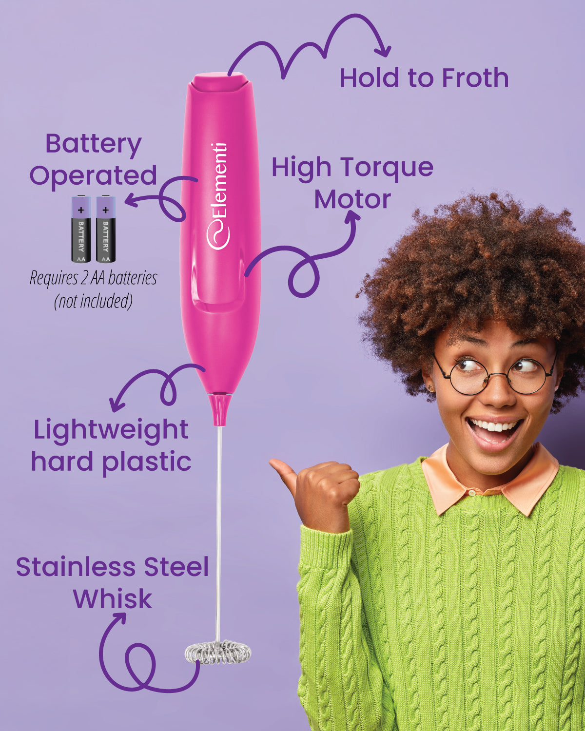 Elementi Milk Frother Wand & Matcha Mixer, Mini Electric Whisk for Coffee (Hot Pink)