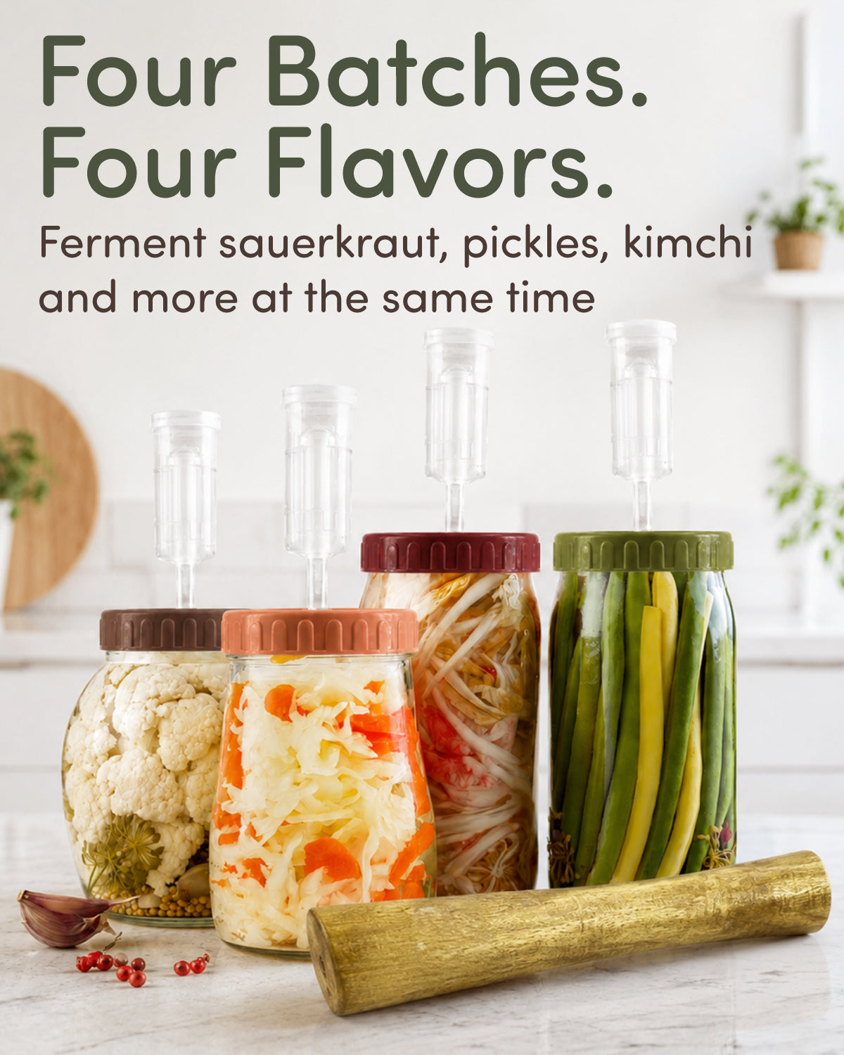 Elementi Mason Jar Fermentation Kit - Easy to Use Sauerkraut, Kimchi & Pickling Kit - Airlocks for Fermenting Jar - 4 Wide Mouth Fermentation Lids, 4 Glass Fermenting Weights & Wooden Tamper