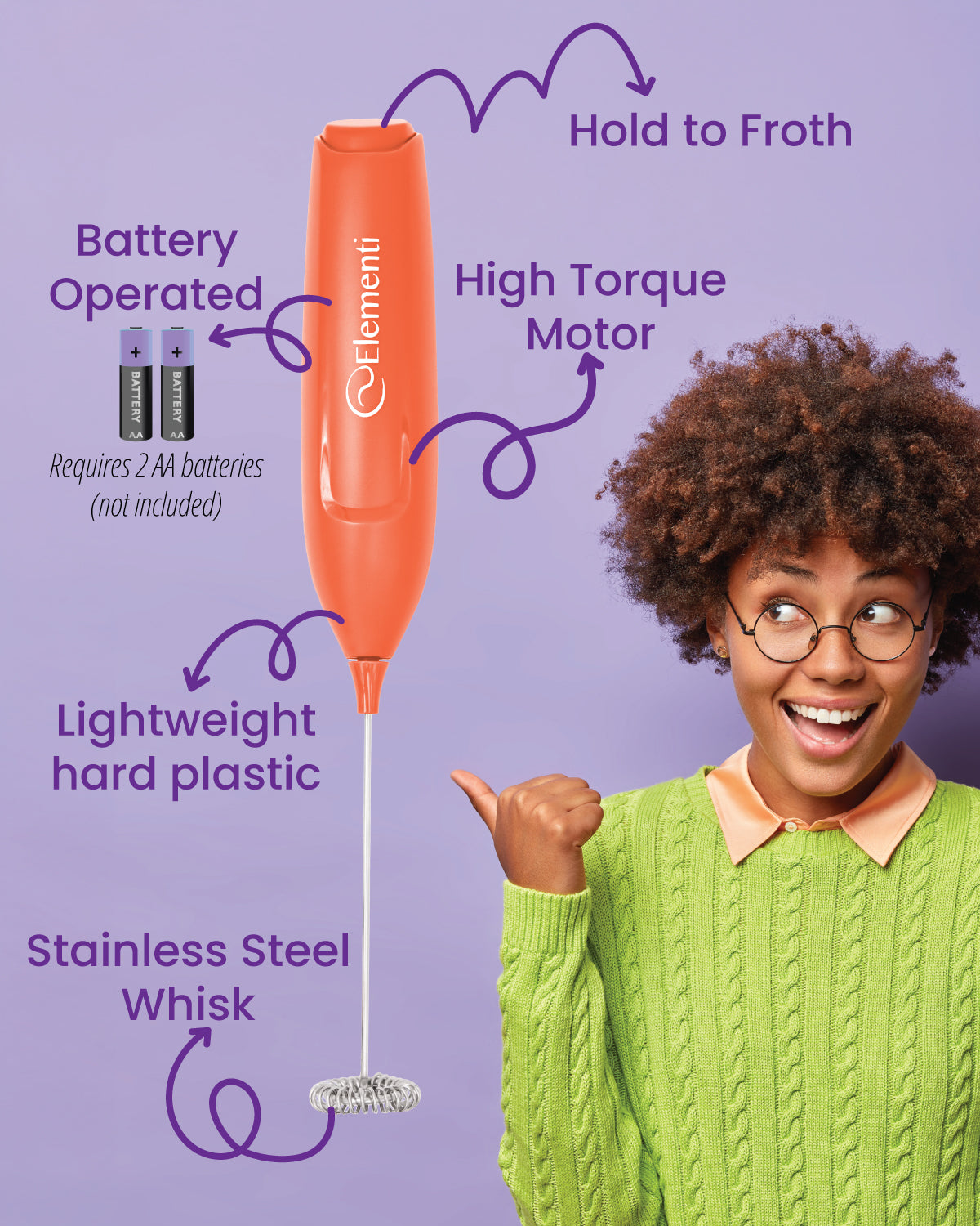 Elementi Powerful Frother Wand – Lightweight Milk Frother (Orange)