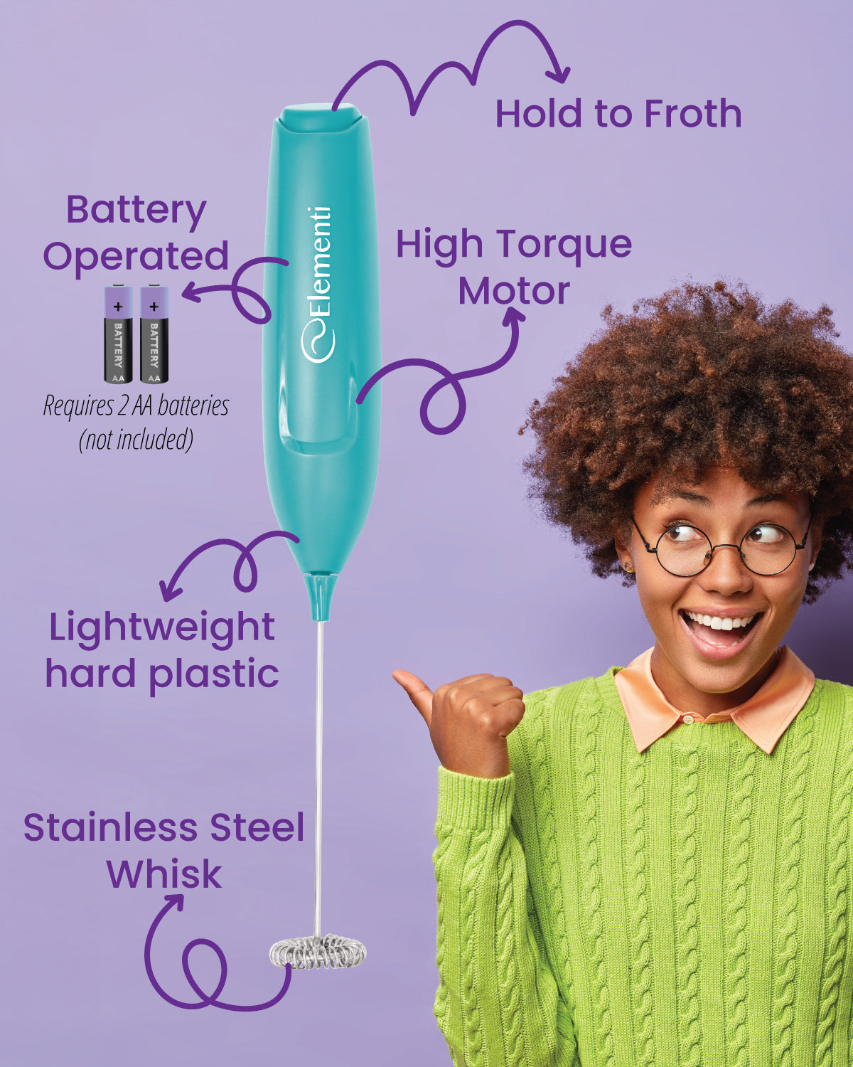 Elementi Powerful Frother Wand – Lightweight Milk Frother (Teal)