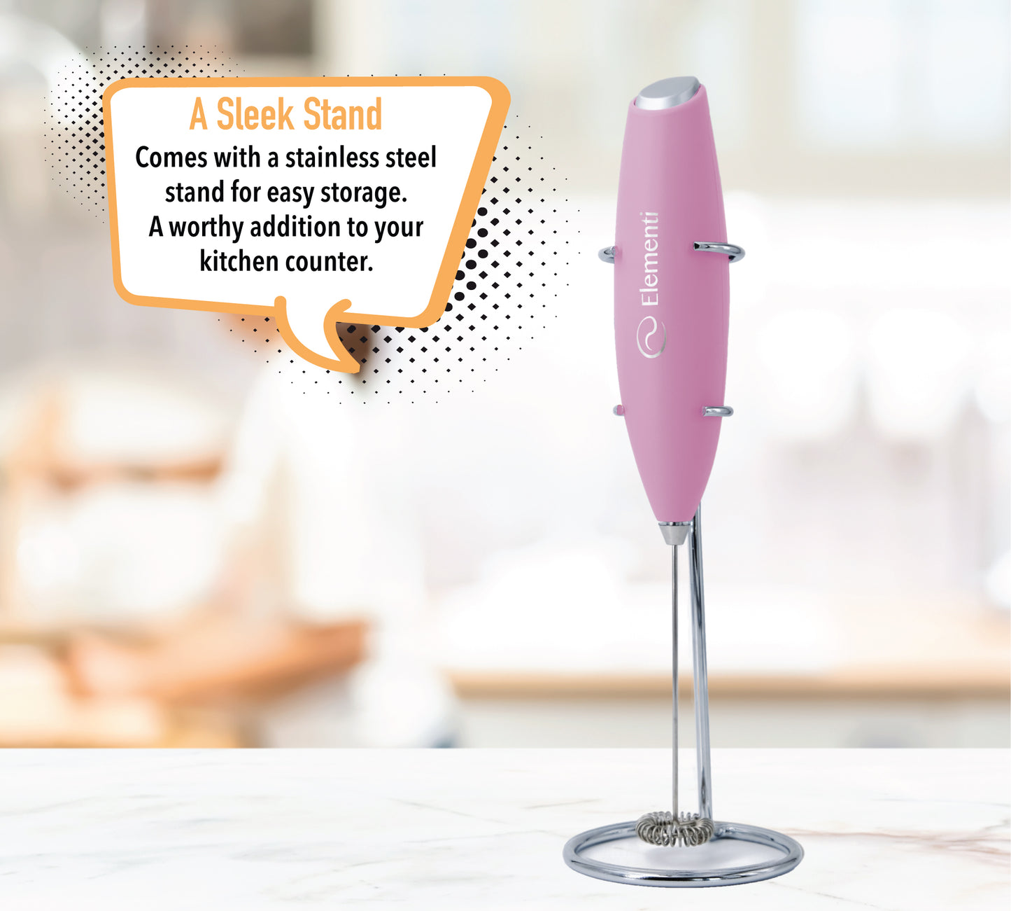 Elementi Electric Milk Frother Handheld (Pastel Pink)