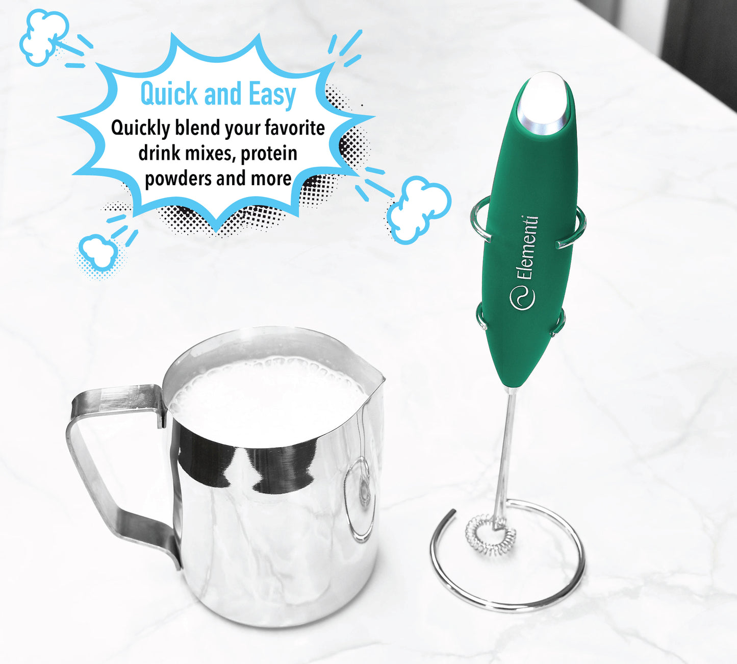 Elementi Electric Milk Frother Handheld (Emerald Green)