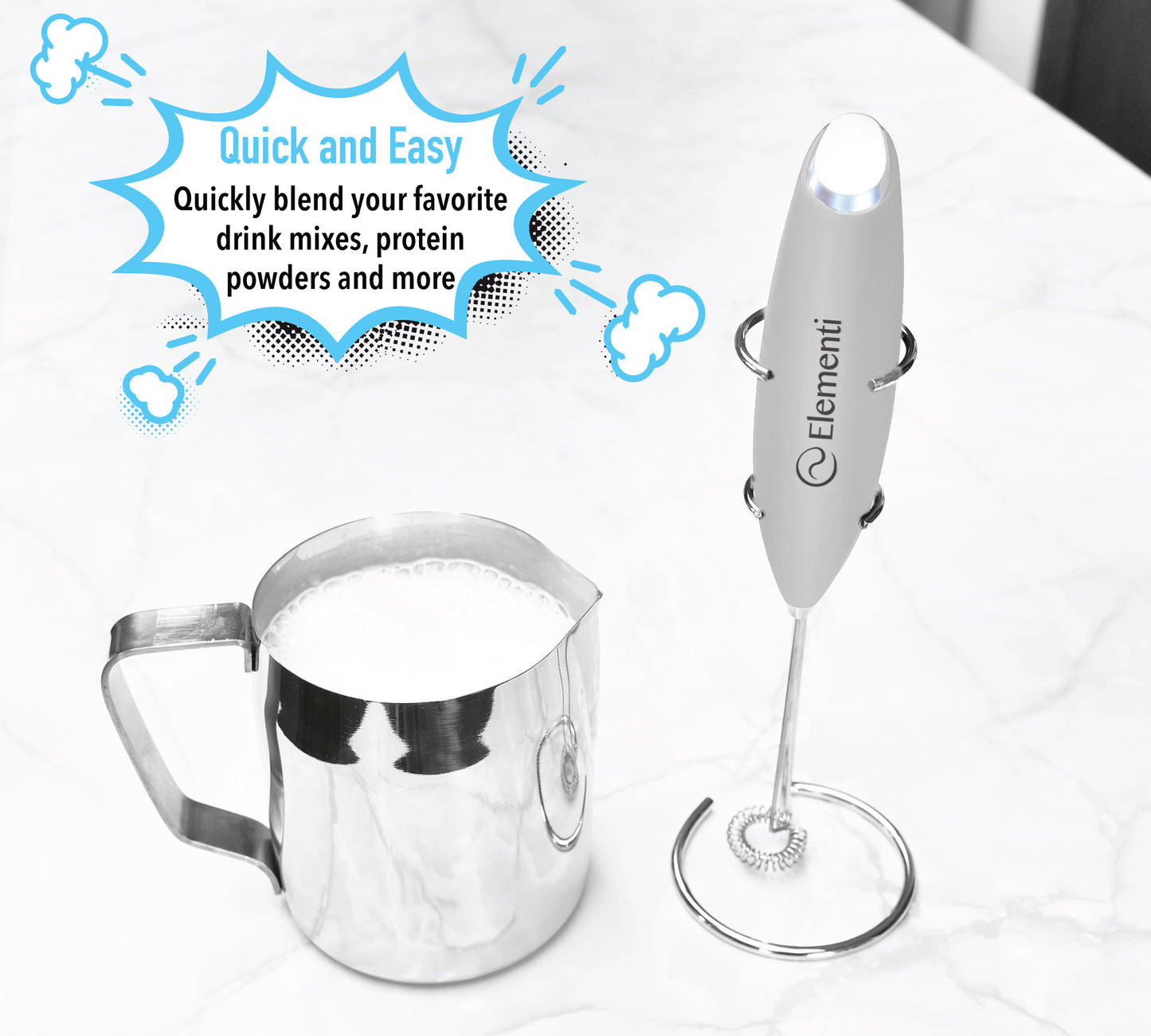 Elementi Electric Milk Frother Handheld (Silver)