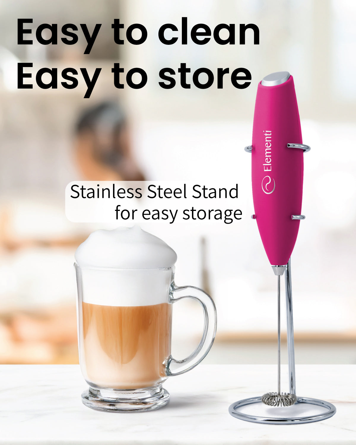 Elementi Handheld Milk Frother (Hot Pink)
