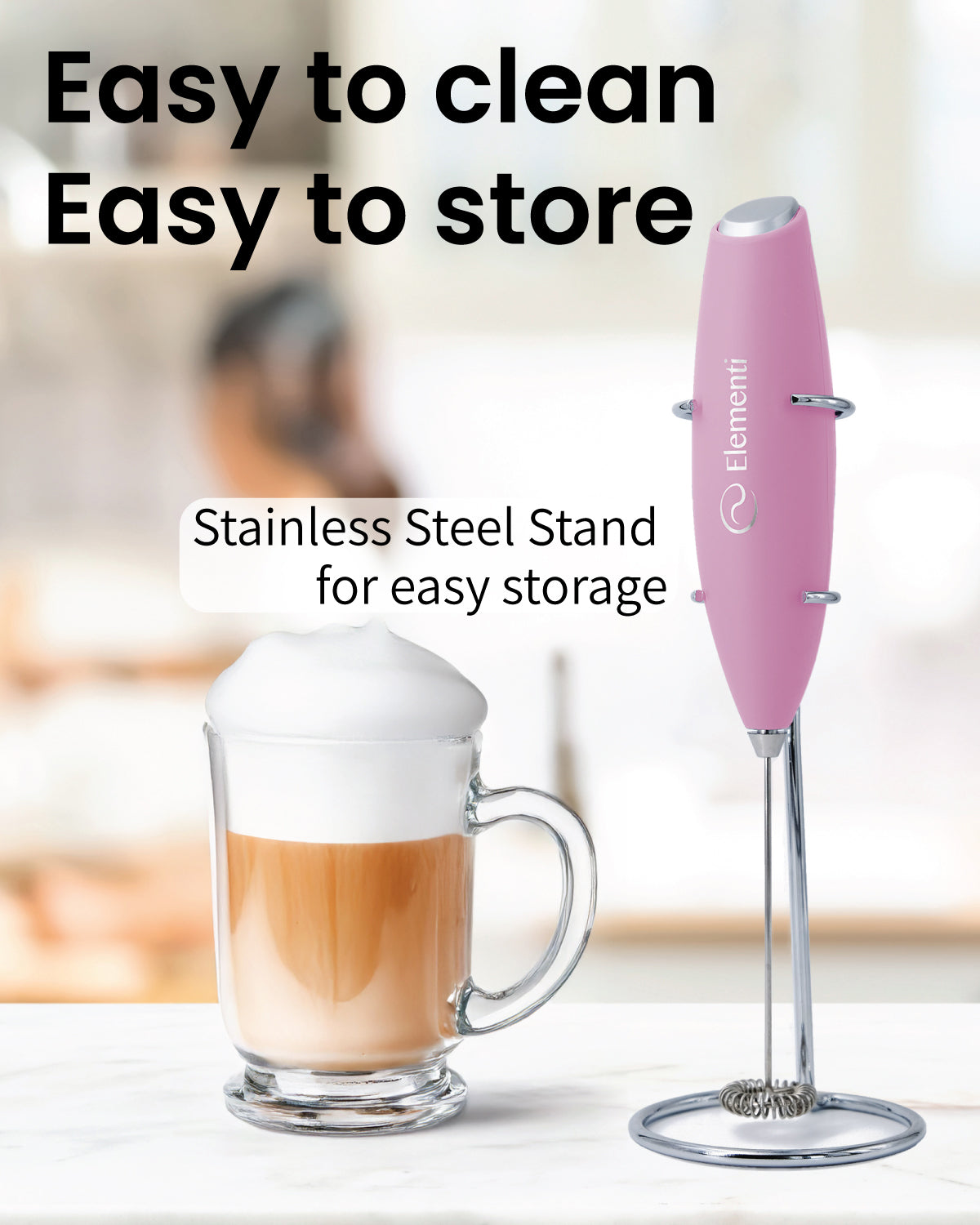 Elementi Handheld Milk Frother (Pastel Pink)