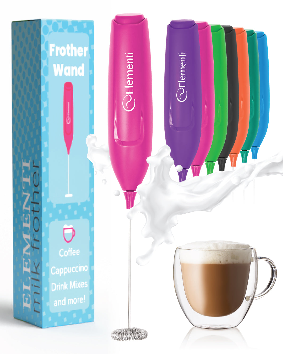 Elementi Powerful Frother Wand – Lightweight Milk Frother (Hot Pink)