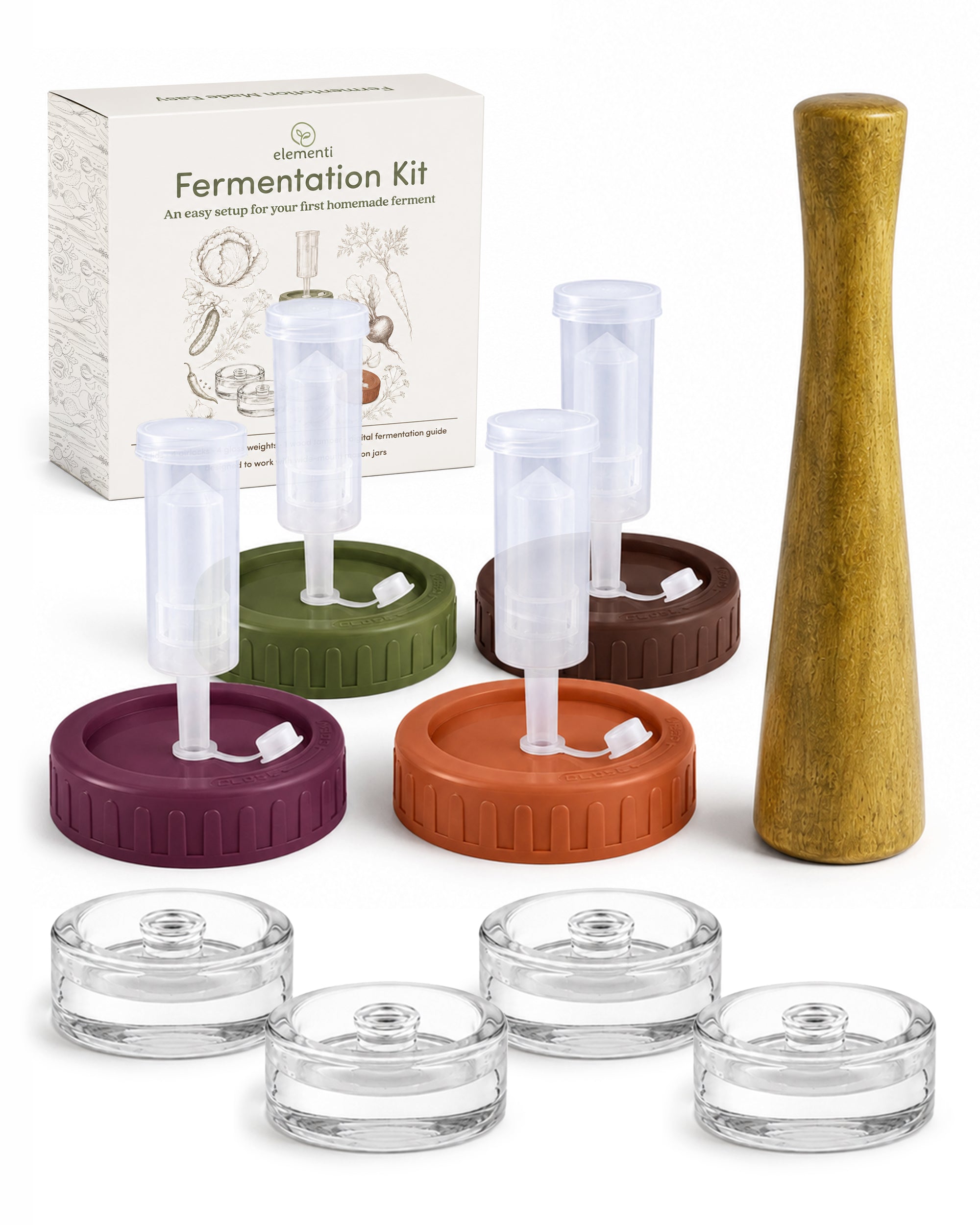 Elementi Mason Jar Fermentation Kit - Easy to Use Sauerkraut, Kimchi & Pickling Kit - Airlocks for Fermenting Jar - 4 Wide Mouth Fermentation Lids, 4 Glass Fermenting Weights & Wooden Tamper