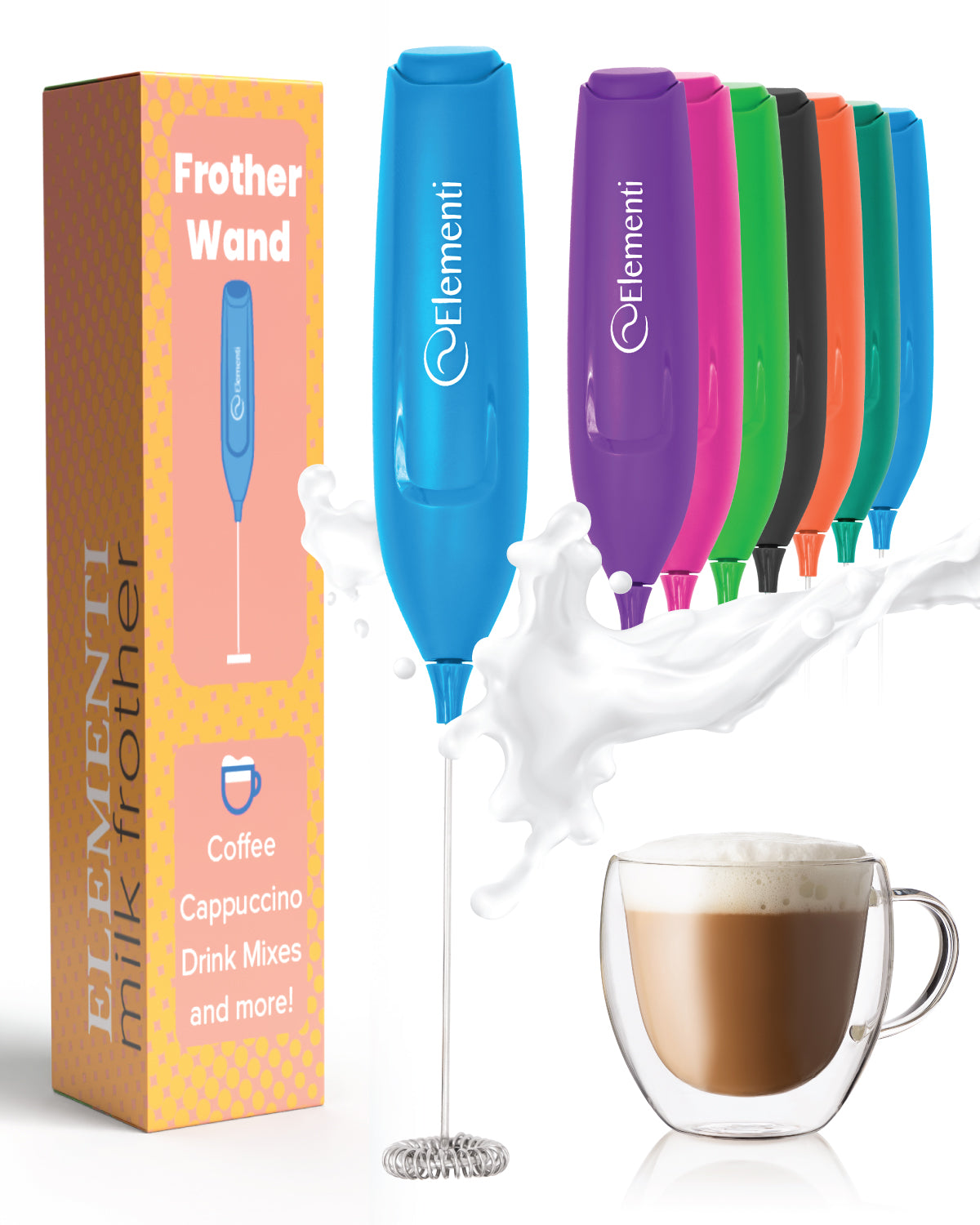 Elementi Powerful Frother Wand – Lightweight Milk Frother (Electric Blue)