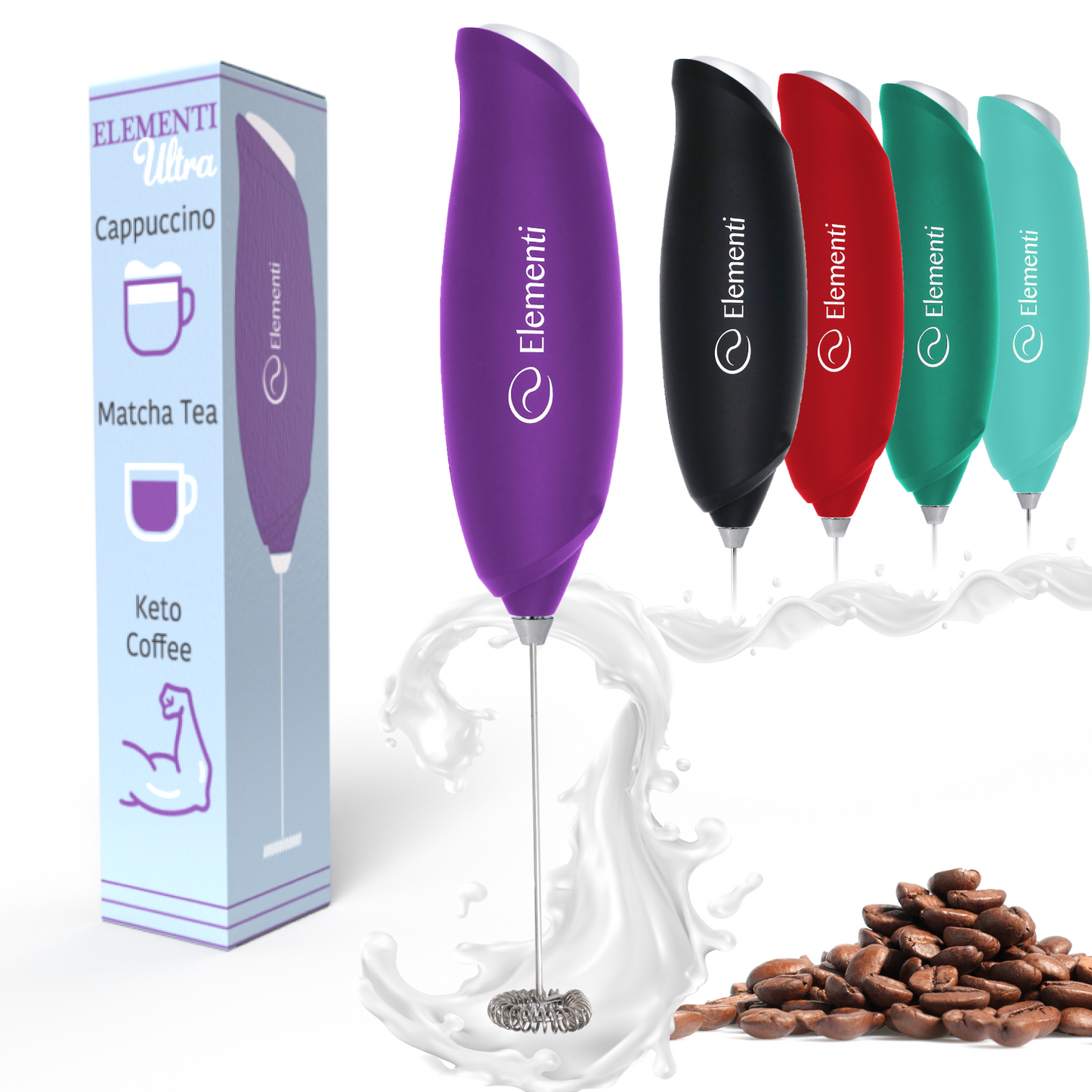 Elementi Hand Frother for Coffee, Matcha Whisk (Ultra Purple)