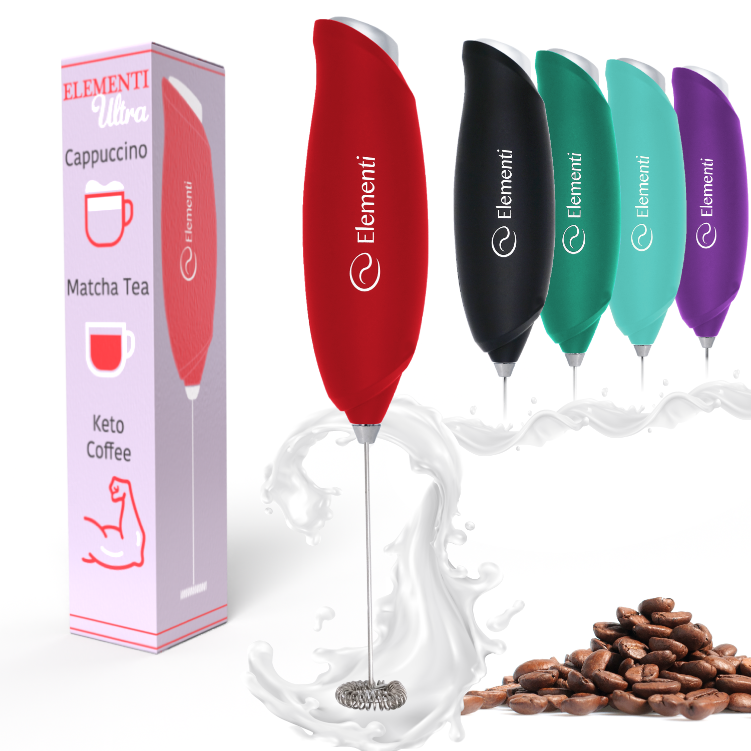 Elementi Handheld Milk Frother (Ultra Red)