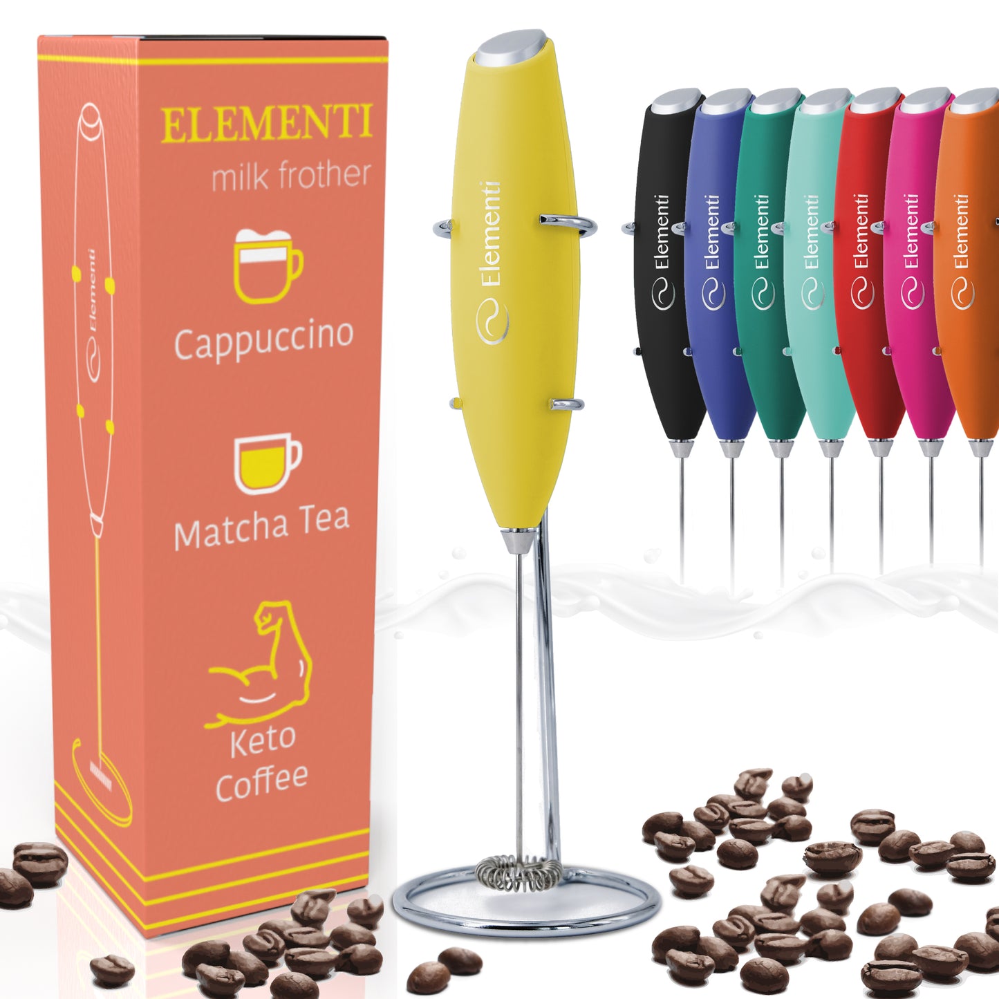 Elementi Electric Milk Frother Handheld (Yellow)