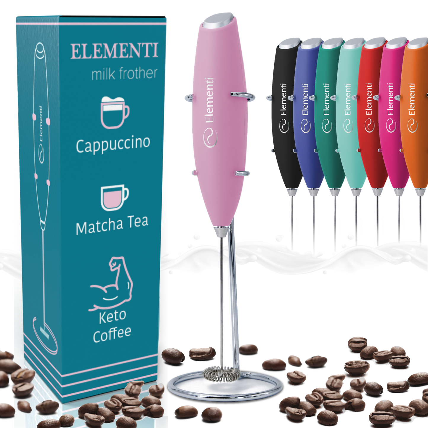 Elementi Electric Milk Frother Handheld (Pastel Pink)