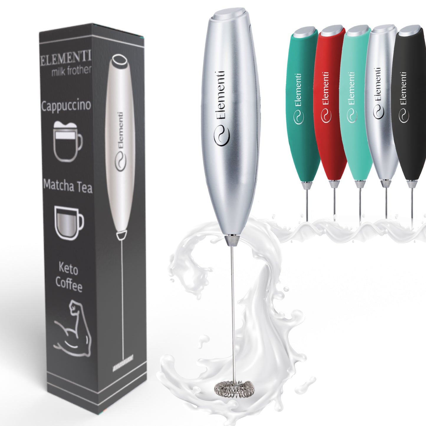Elementi Electric Milk Frother Handheld (Ultra Silver)
