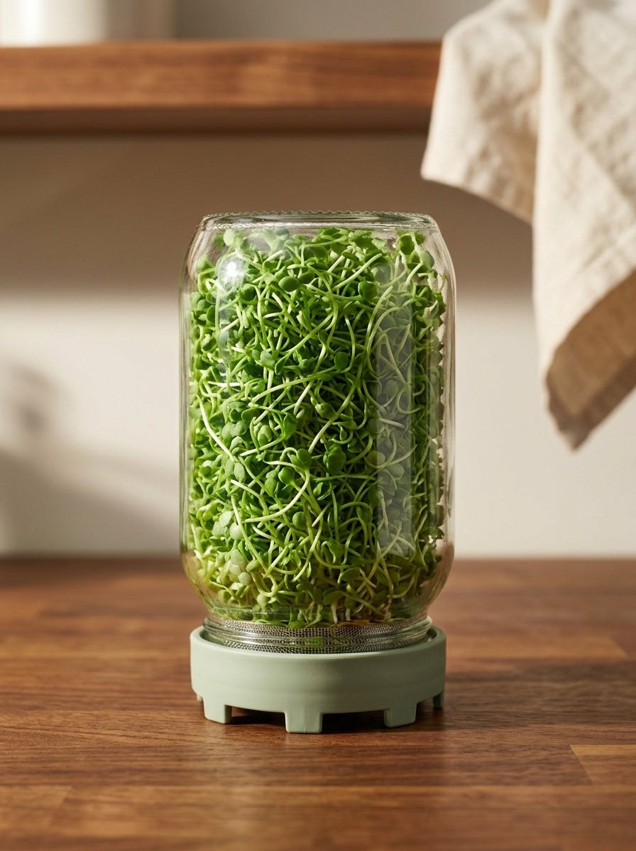A jar packed with fresh green sprouts.