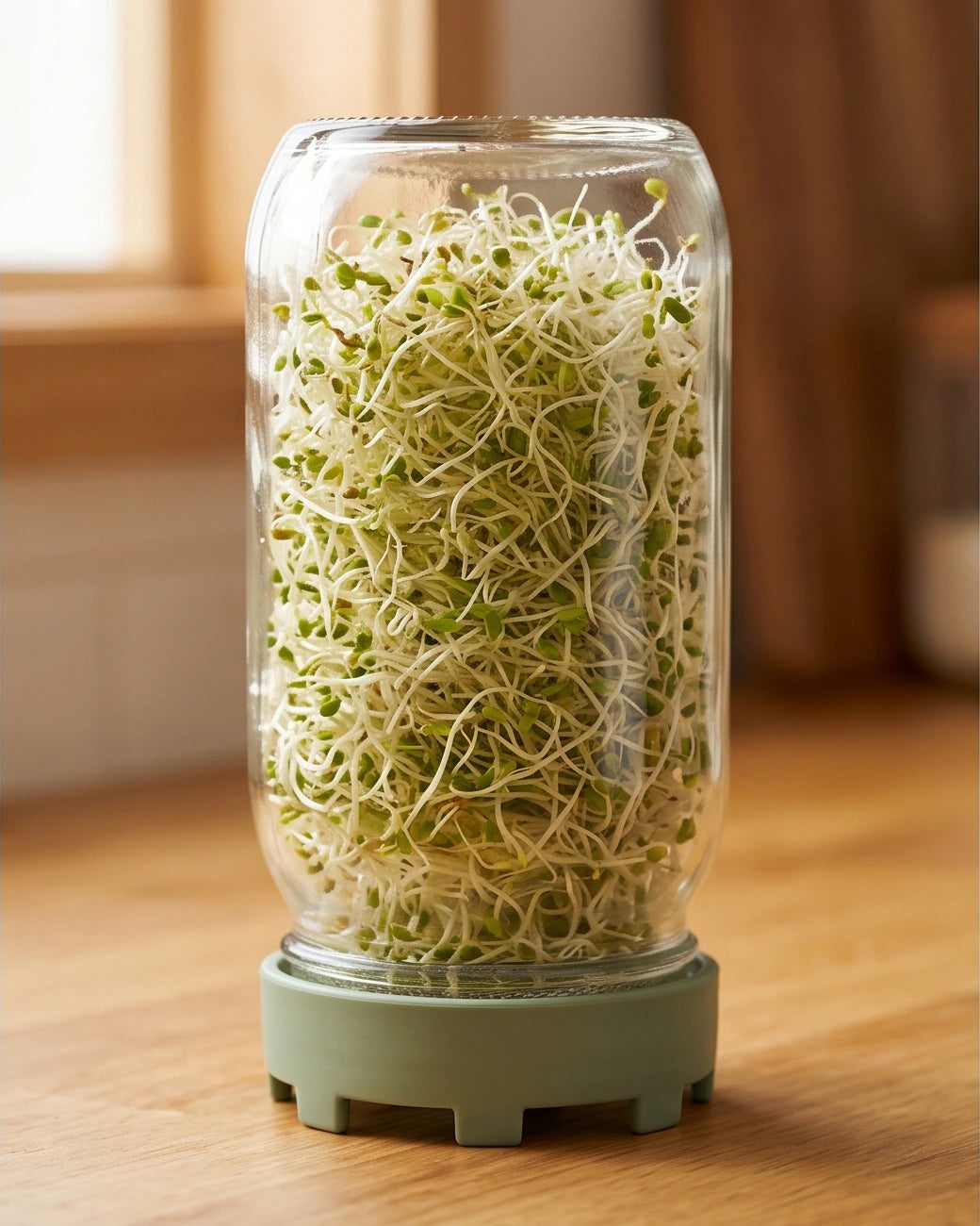 An Elementi sprouting jar resting inverted to drain on a kitchen counter.