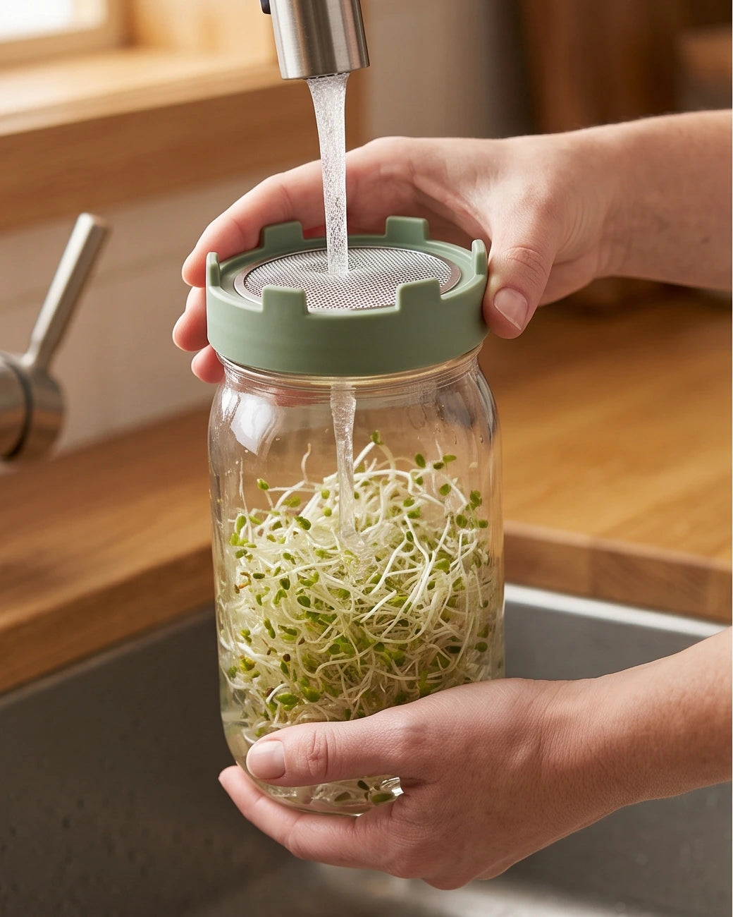 Hands rinsing sprouts in an Elementi jar at a kitchen tap.