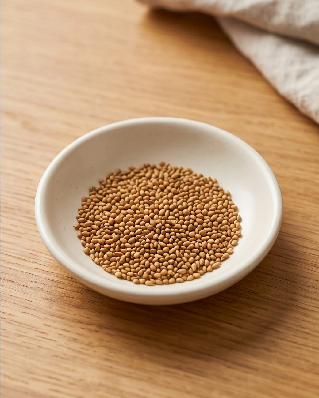 A small dish holding a starting quantity of dry alfalfa seeds.