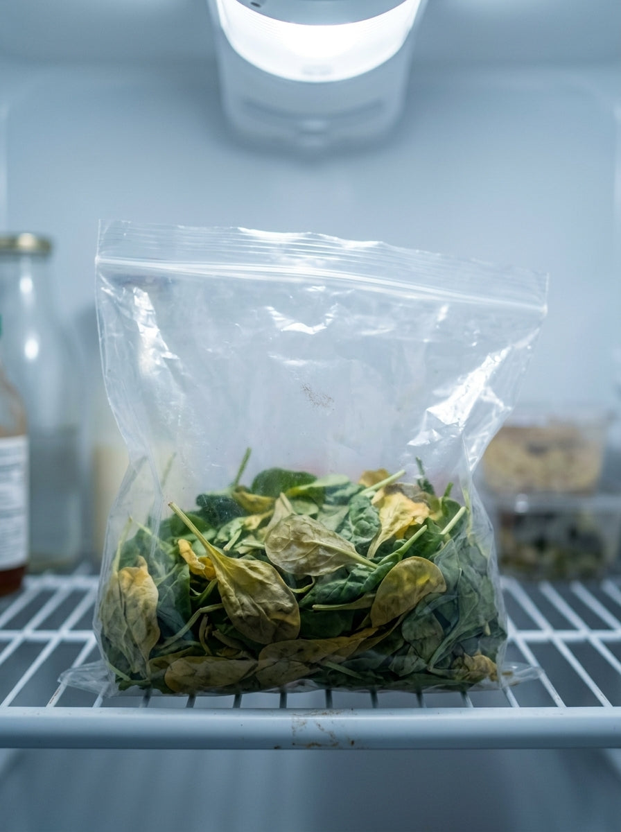 Wilted bag of grocery-store greens in a fridge drawer