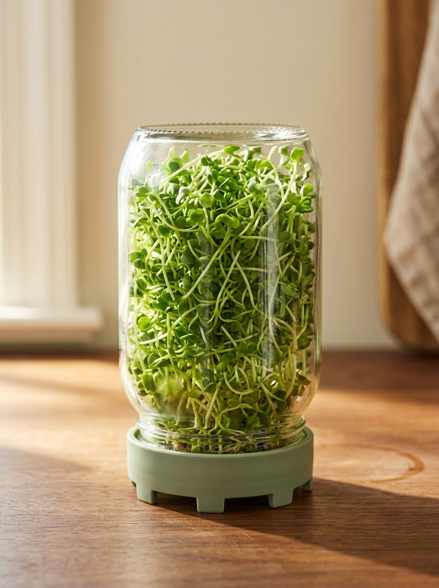 Elementi jar of bright living sprouts on a counter