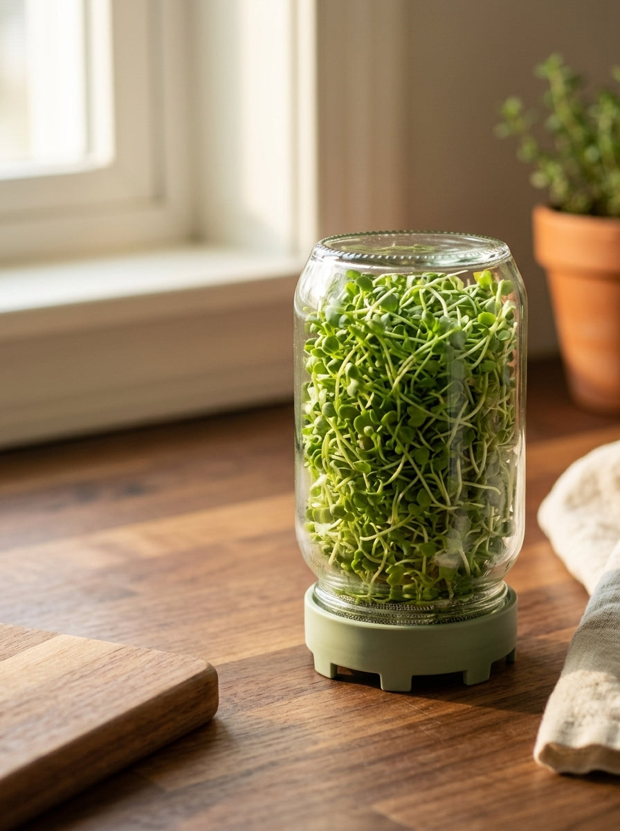 Two Elementi sprouting jars with sage-green collars on a warm wood counter