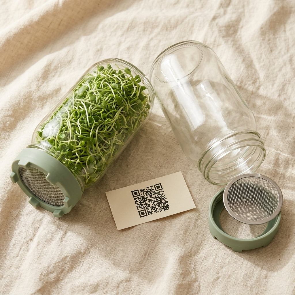 Elementi Sprouting Jar Kit — two jars, two sprouting lids, and a QR card laid out on linen