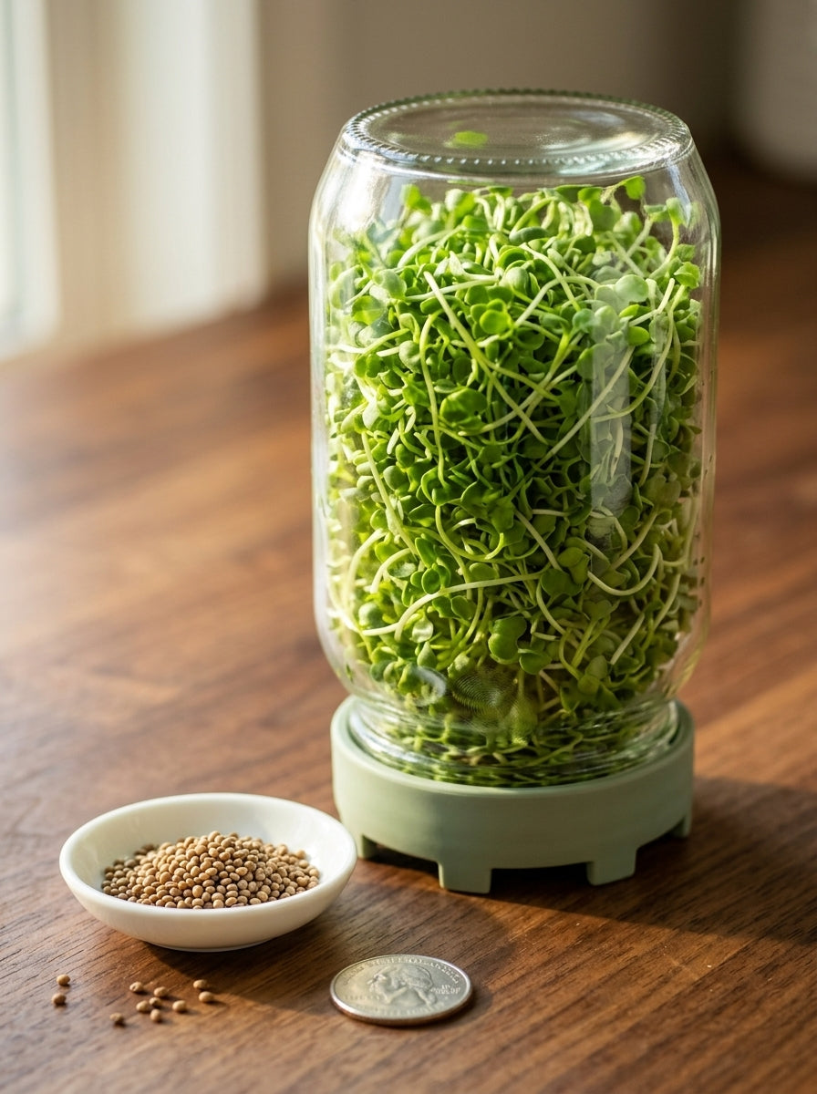 Full jar of Elementi sprouts beside a quarter on warm wood