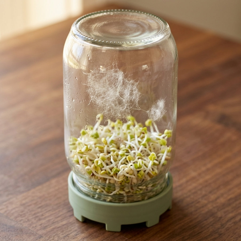 Mold on sprouts — patchy white-grey cobweb-like fuzz climbing the jar wall