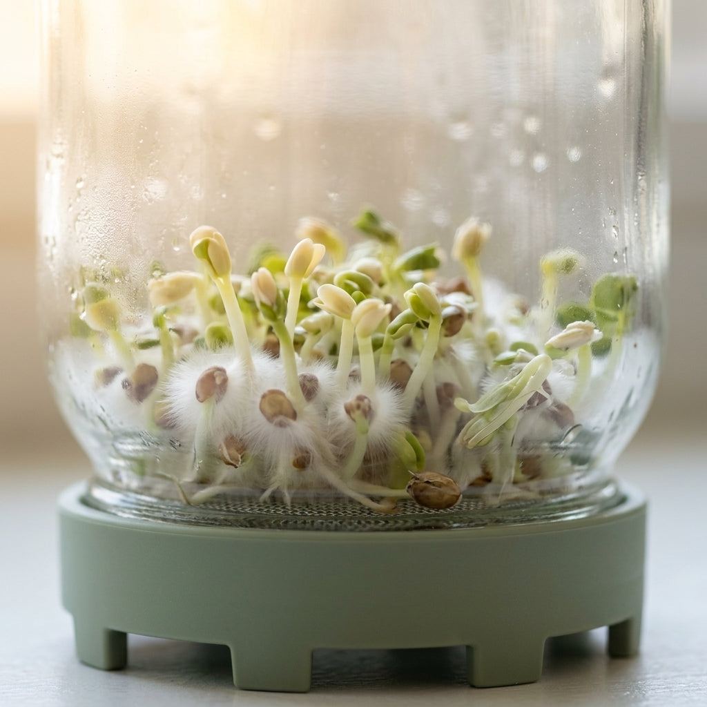 Root hairs on broccoli sprouts — a fine uniform white halo around each seed, attached to the sprout
